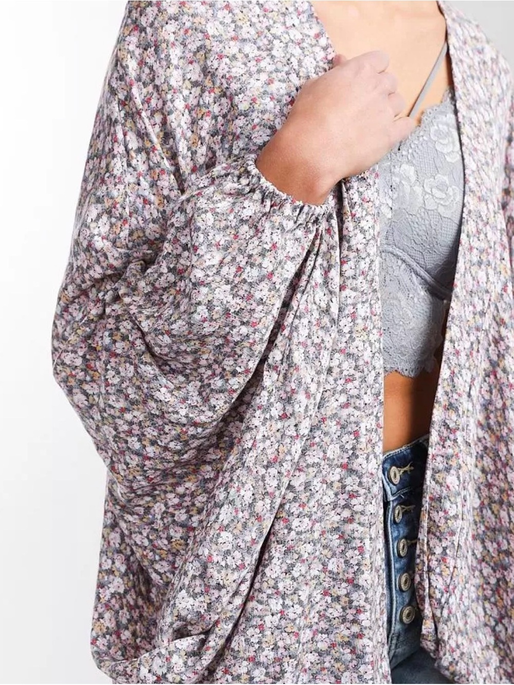 Daytrip Floral Lavender Gray Open-Front Knit Shrug - Picture 2 of 4